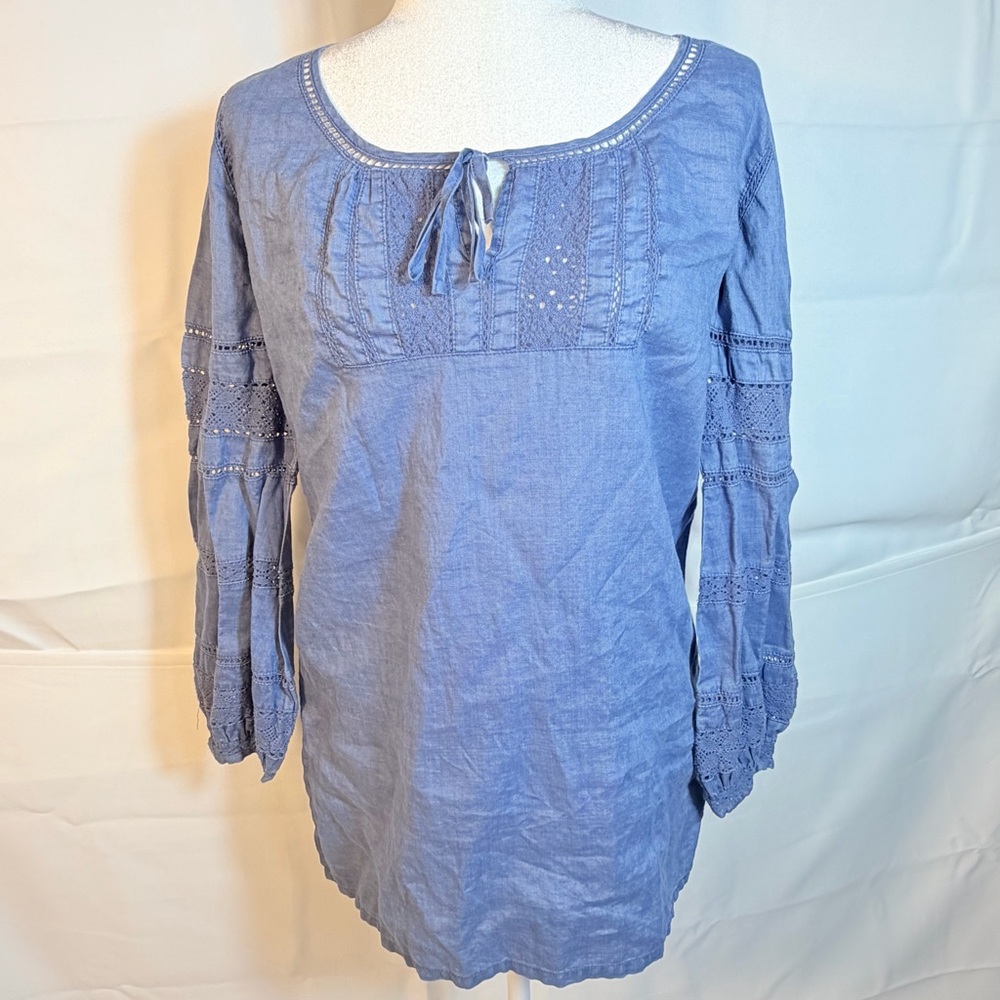 Blue Embroidered Tie-Neck Peasant Tunic